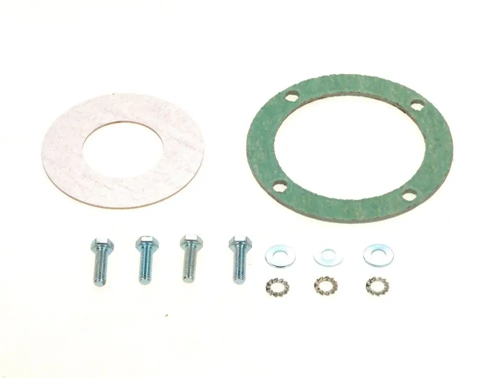 Zwei Dichtungen und mehrere Schrauben sowie Unterlegscheiben, die für den Einsatz in Bosch-Produkten geeignet sind. Die Dichtungen haben unterschiedliche Formen und Größen.